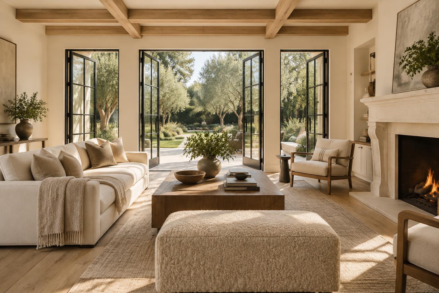 Classic living room design inspiration with natural oak beams and garden views